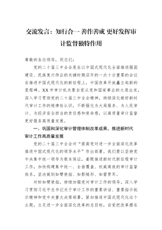 交流发言：知行合一+善作善成+更好发挥审计监督独特作用