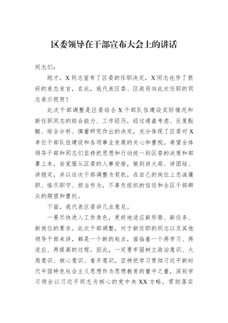 区委领导在干部宣布大会上的讲话20240905