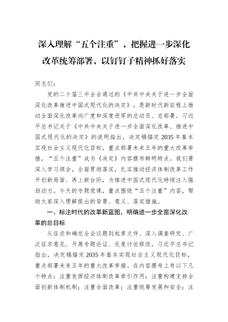深入理解“五个注重”，把握进一步深化改革统筹部署，以钉钉子精神抓好落实20240905