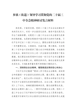 乡镇（街道）领导学习贯彻党的二十届三中全会精神研讨发言材料20240905