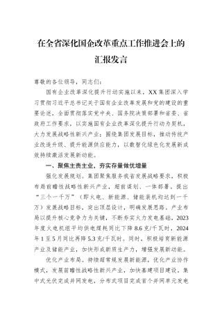 在全省深化国企改革重点工作推进会上的汇报发言20240905