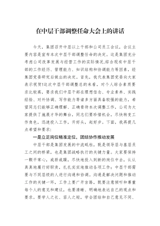 在中层干部调整任命大会上的讲话20240905