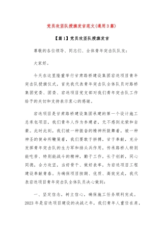(3篇)党员攻坚队授旗发言范文
