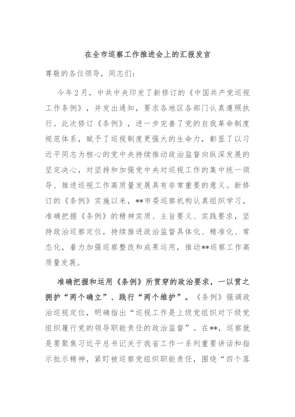 在全市巡察工作推进会上的汇报发言_第1页