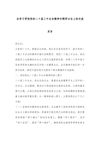在学习贯彻党的二十届三中全会精神专题研讨会上的交流发言