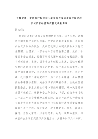 专题党课：深学笃行 勠力同心 奋发有为奋力谱写中国式现代化民营经济高质量发展新篇章