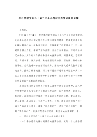 学习贯彻党的二十届三中全会精神专题宣讲提纲讲稿