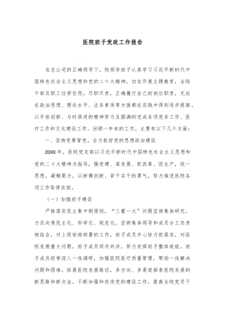 医院班子党政工作报告