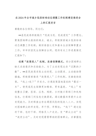 在2024年全市城乡低保标准动态调整工作机制建设推进会上的汇报发言
