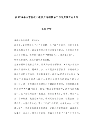 在2024年全市村级小微权力专项整治工作专题推进会上的汇报发言