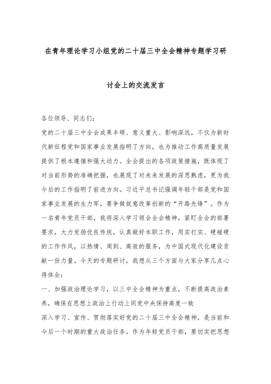 在青年理论学习小组党的二十届三中全会精神专题学习研讨会上的交流发言_第1页