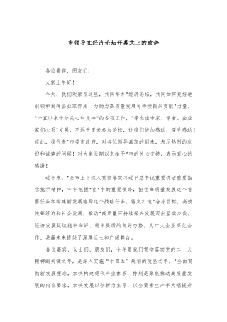 市领导在经济论坛开幕式上的致辞
