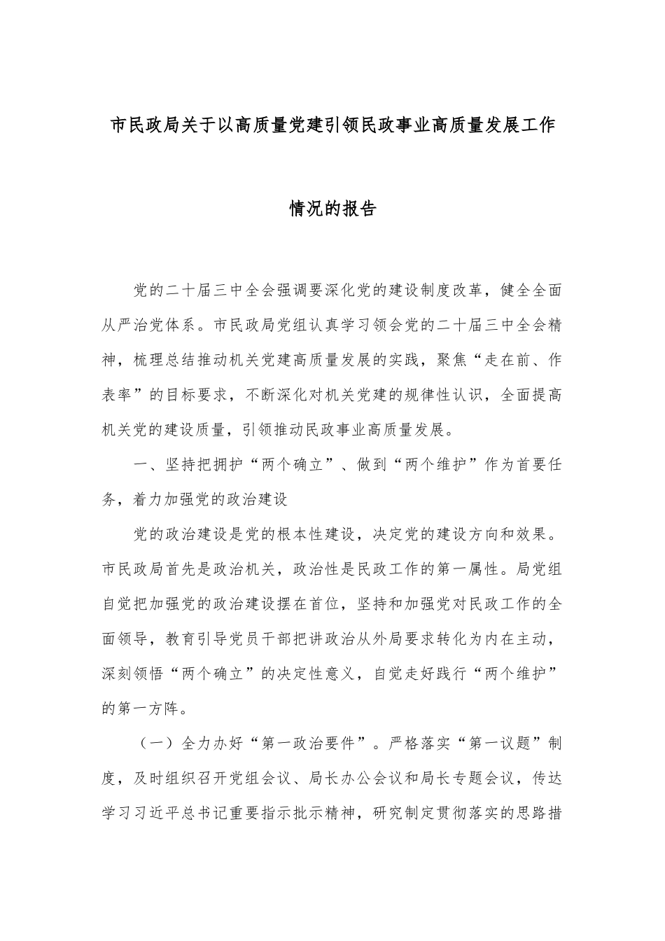 市民政局关于以高质量党建引领民政事业高质量发展工作情况的报告_第1页