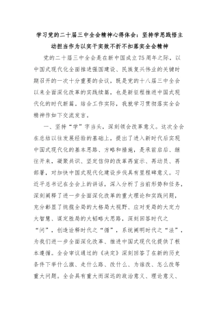 学习党的二十届三中全会精神心得体会：坚持学思践悟主动担当作为以实干实效不折不扣落实全会精神