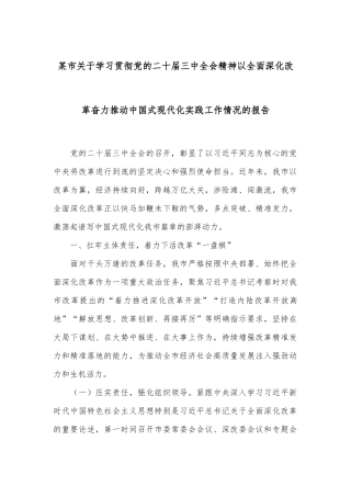 某市关于学习贯彻党的二十届三中全会精神以全面深化改革奋力推动中国式现代化实践工作情况的报告