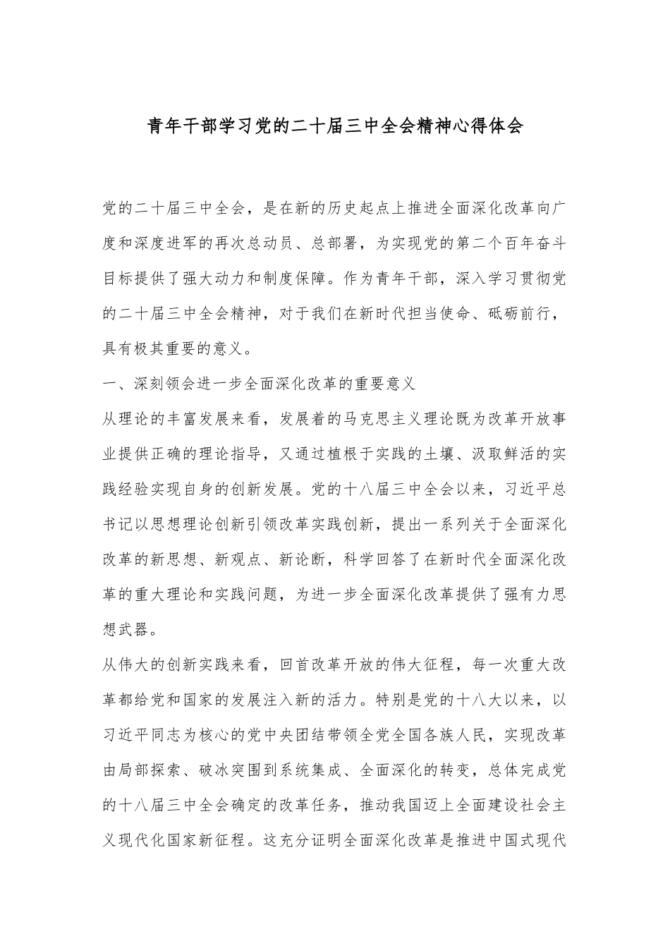青年干部学习党的二十届三中全会精神心得体会_第1页