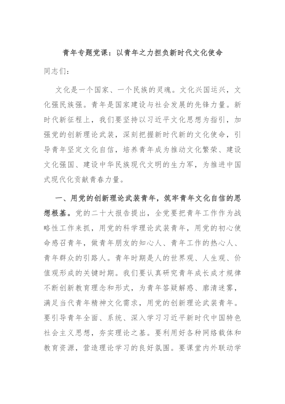 青年专题党课：以青年之力担负新时代文化使命_第1页