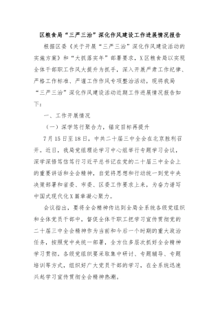 区粮食局“三严三治”深化作风建设工作进展情况报告