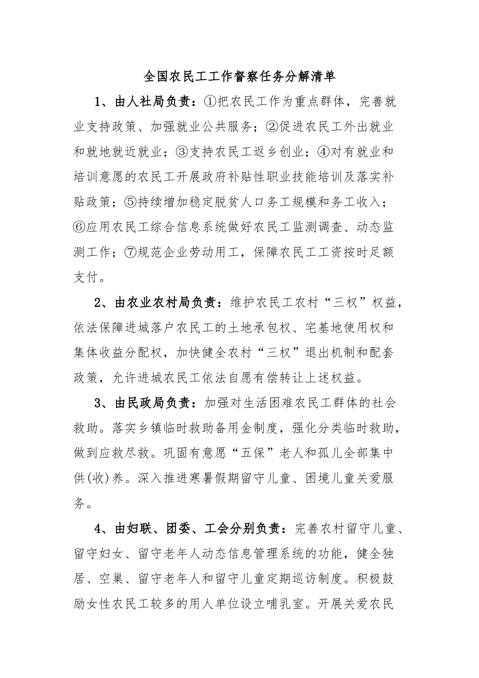 全国农民工工作督察任务分解清单_第1页