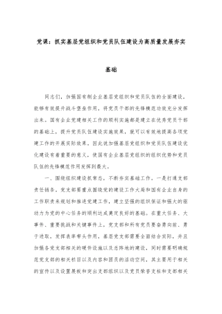 党课：抓实基层党组织和党员队伍建设 为高质量发展夯实基础