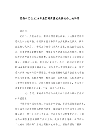 党委书记在2024年集团高质量发展推进会上的讲话