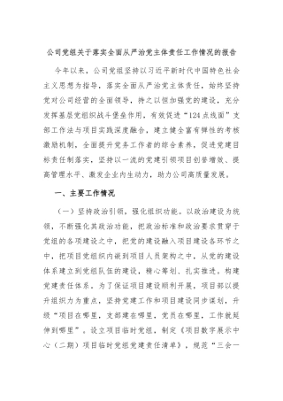 公司党组关于落实全面从严治党主体责任工作情况的报告