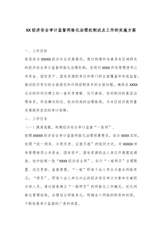 XX经济安全审计监督网格化治理机制试点工作的实施方案