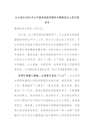办公室在2024年公司基层党组织建设专题推进会上的汇报发言