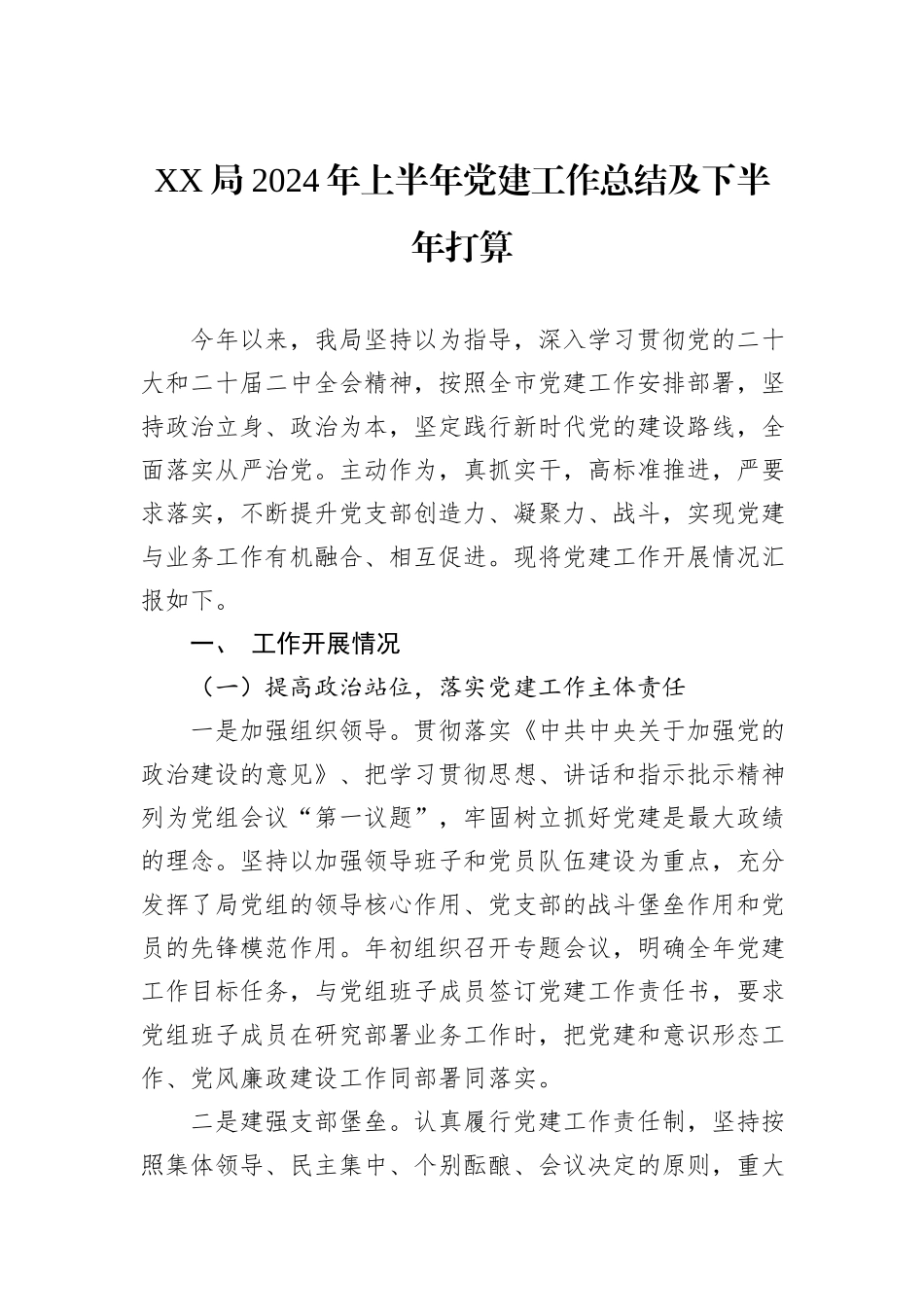 XX局2024年上半年党建工作总结及下半年打算_第1页