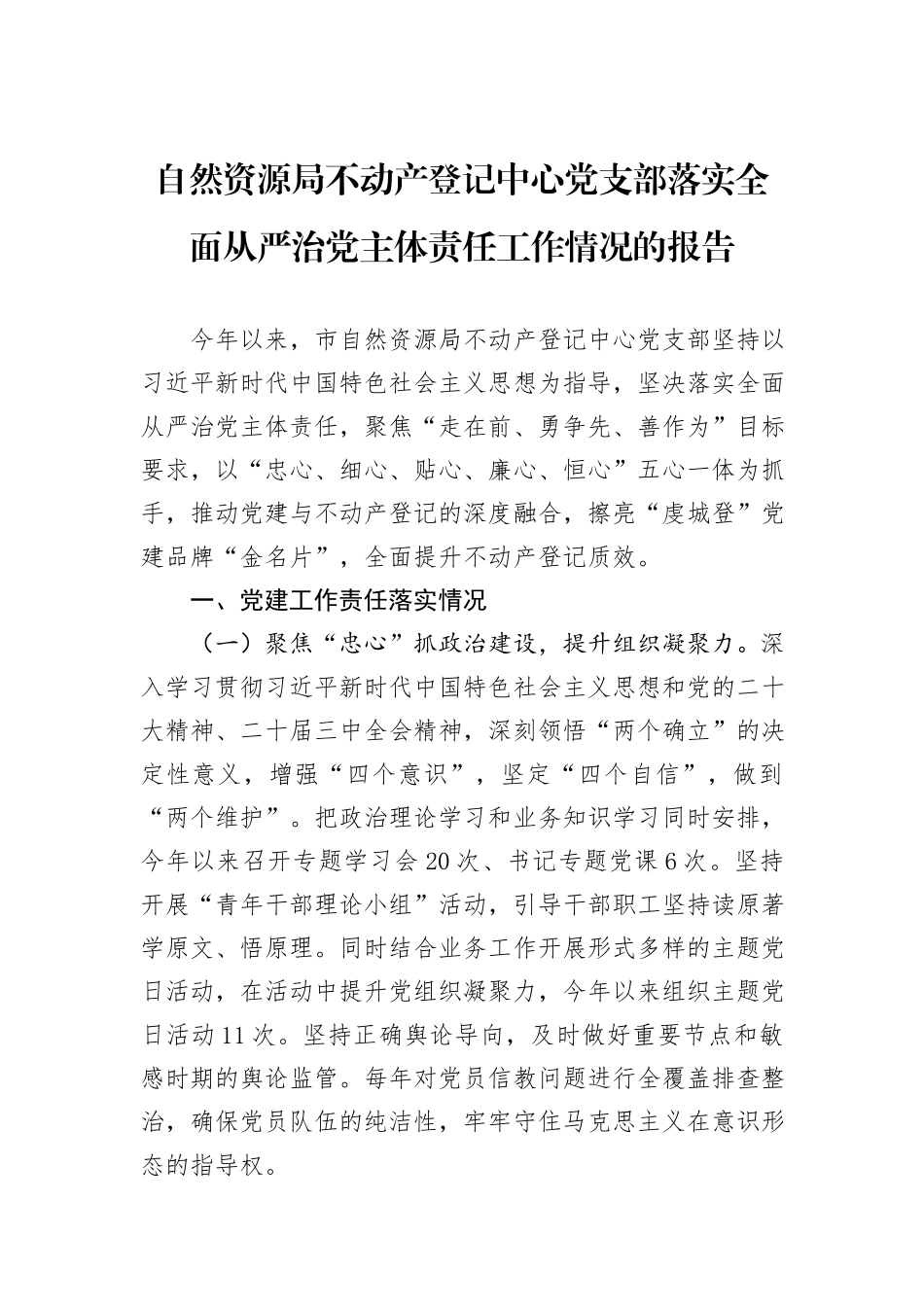自然资源局不动产登记中心党支部落实全面从严治党主体责任工作情况的报告_第1页