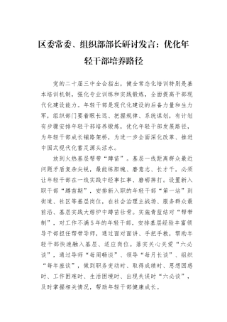 区委常委、组织部部长研讨发言：优化年轻干部培养路径
