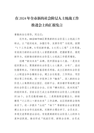 在2024年全市新的社会阶层人士统战工作推进会上的汇报发言