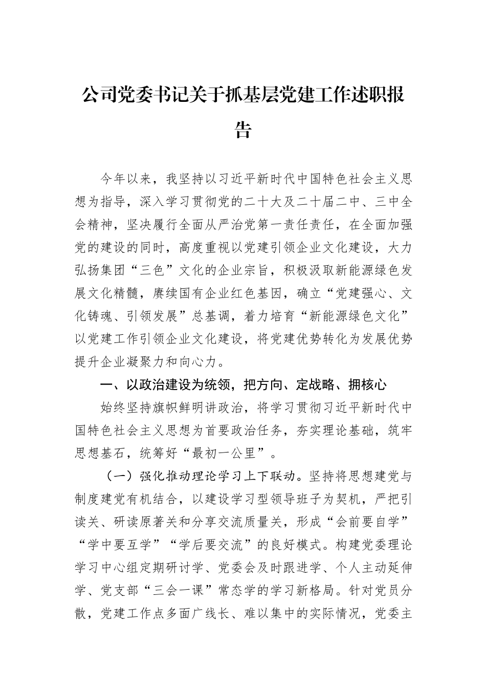 公司党委书记关于抓基层党建工作述职报告_第1页