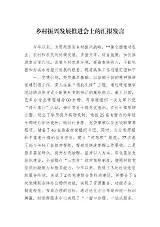 乡村振兴发展推进会上的汇报发言