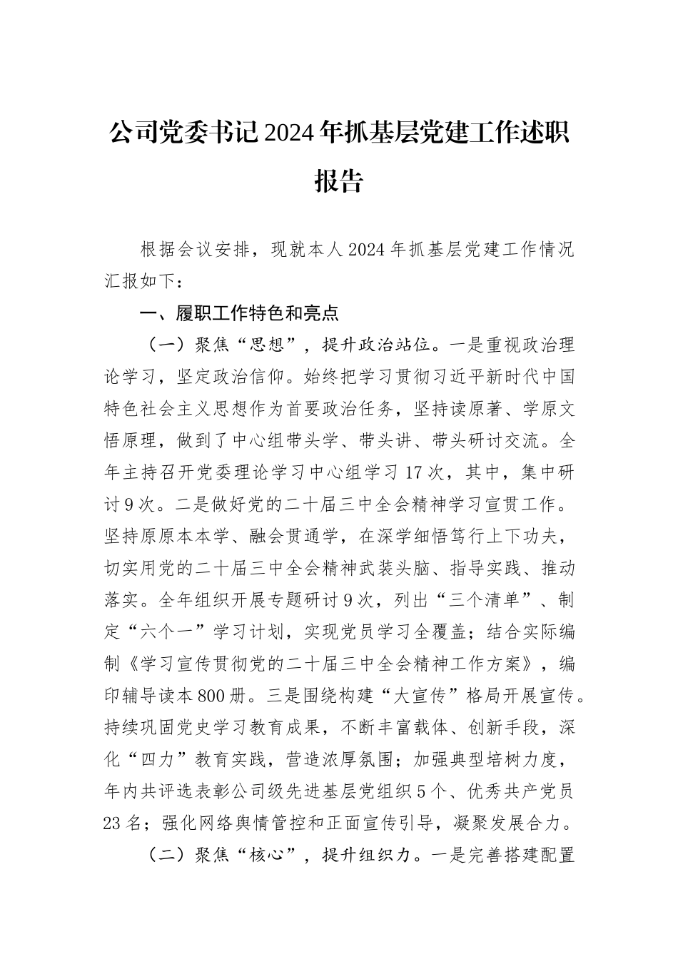 公司党委书记2024年抓基层党建工作述职报告_第1页