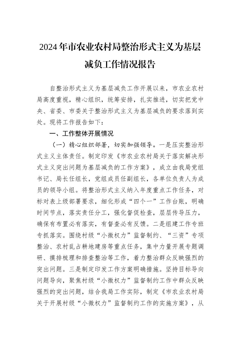 2024年市农业农村局整治形式主义为基层减负工作情况报告_第1页