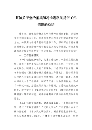 某镇关于整治歪风陋习推进移风易俗工作情况的总结