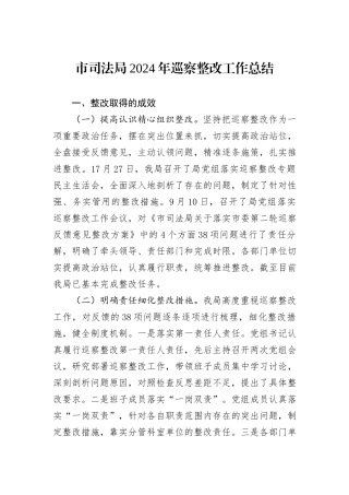 市司法局2024年巡察整改工作总结