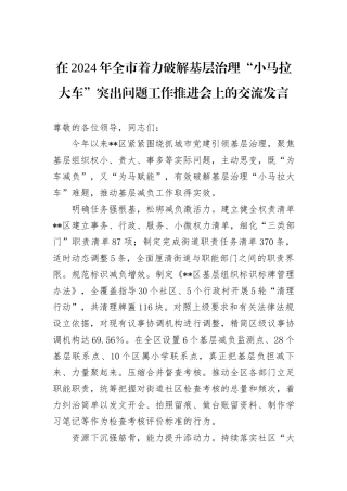在2024年全市着力破解基层治理“小马拉大车”突出问题工作推进会上的交流发言