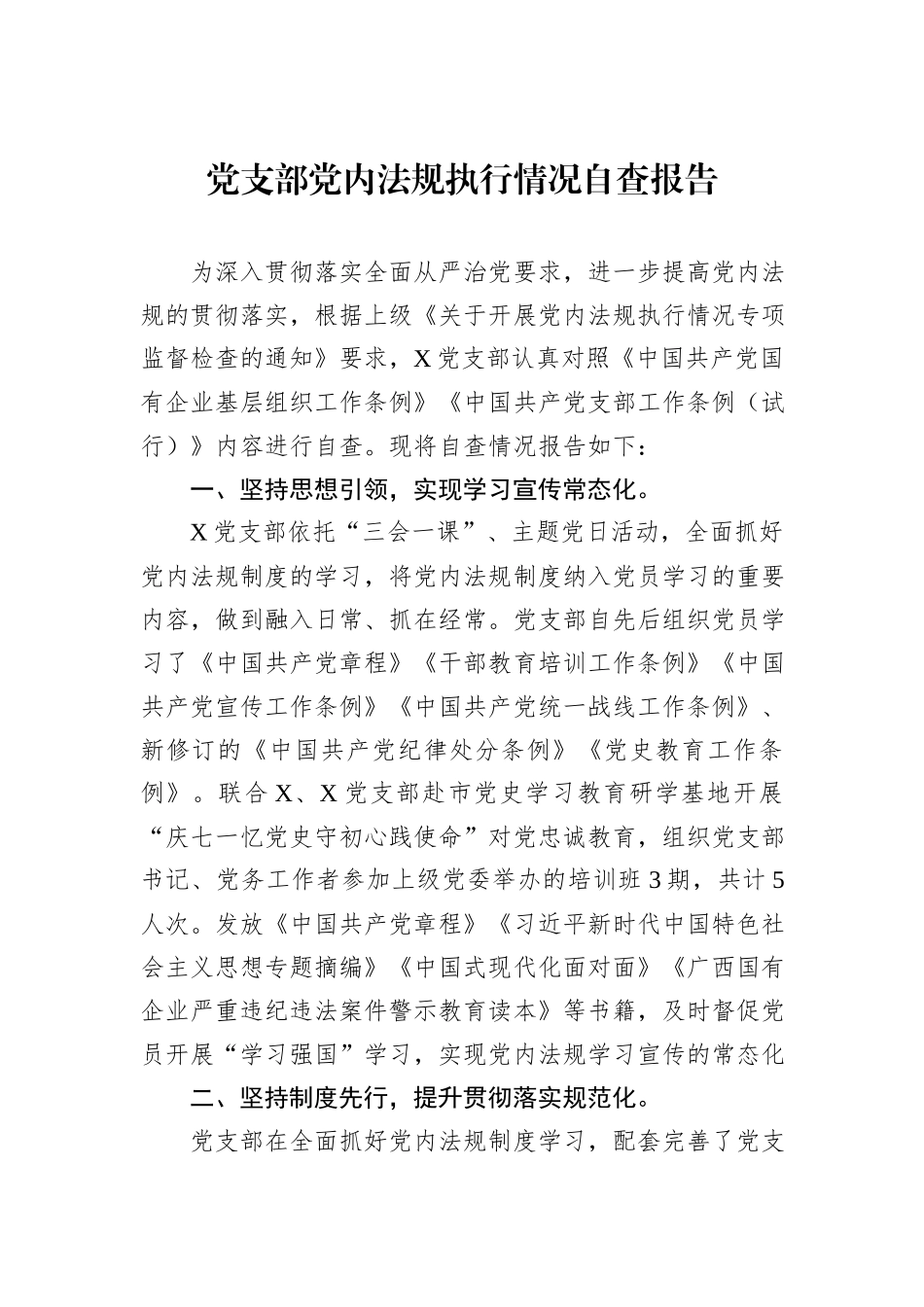 党支部党内法规执行情况自查报告_第1页