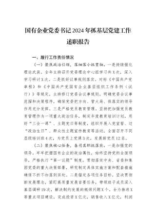 国有企业党委书记2024年抓基层党建工作述职报告