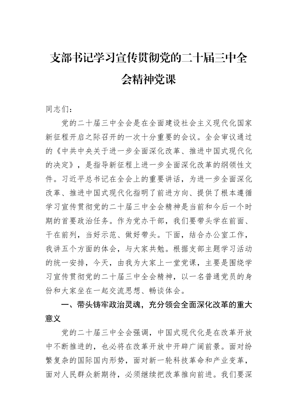 支部书记学习宣传贯彻党的二十届三中全会精神党课_第1页