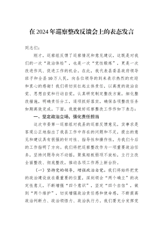 在2024年巡察整改反馈会上的表态发言