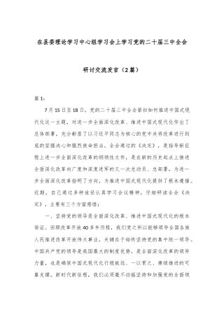 （2篇）在县委理论学习中心组学习会上学习党的二十届三中全会研讨交流发言