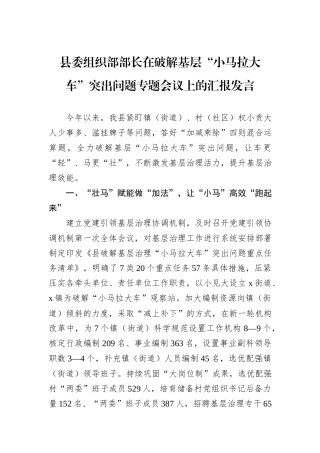 县委组织部部长在破解基层“小马拉大车”突出问题专题会议上的汇报发言