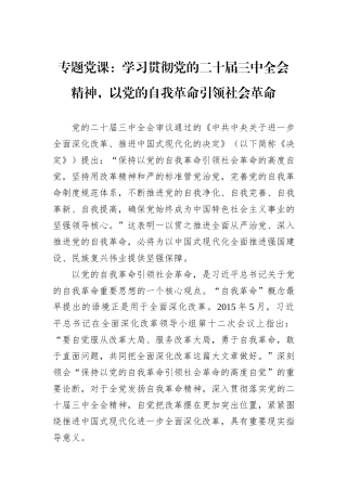 专题党课：学习贯彻党的二十届三中全会精神，以党的自我革命引领社会革命