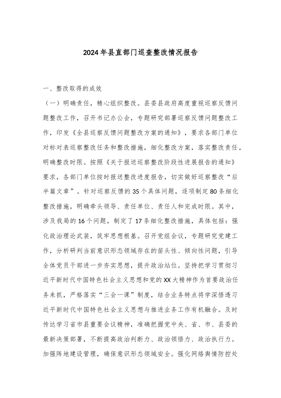 2024年县直部门巡查整改情况报告_第1页