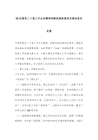XX区落实二十届三中全会精神创新机制抓落实克难攻坚求发展