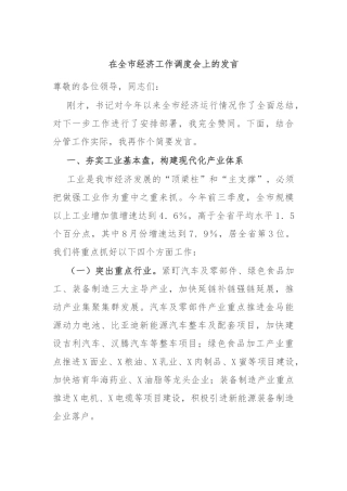 在全市经济工作调度会上的发言