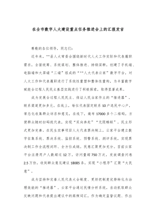 在全市数字人大建设重点任务推进会上的汇报发言